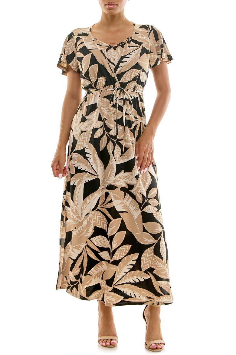Tie Waist Maxi Dress, Main, color, BLACK TAN MULTI