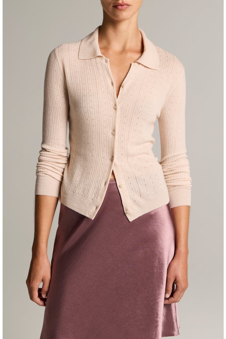 Pointelle Knit Wool Collared Cardigan, Main, color, BLUSH CLOUD