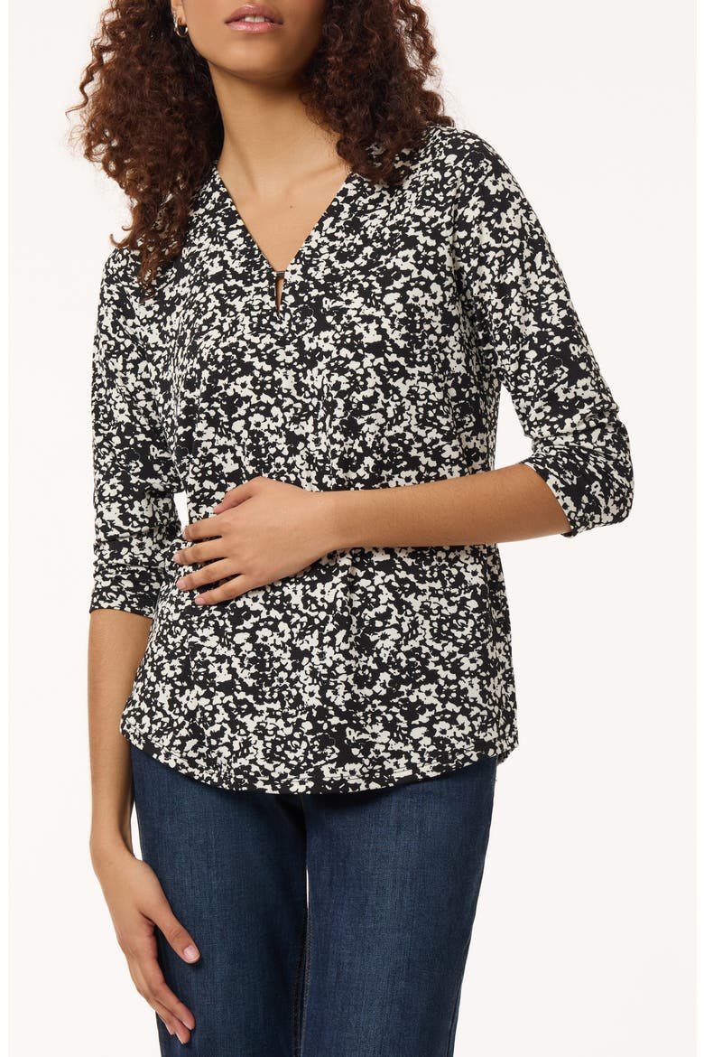 Floral Print Three-Quarter Sleeve Crepe Top, Main, color, JONES BLACK/ JONES WHITE