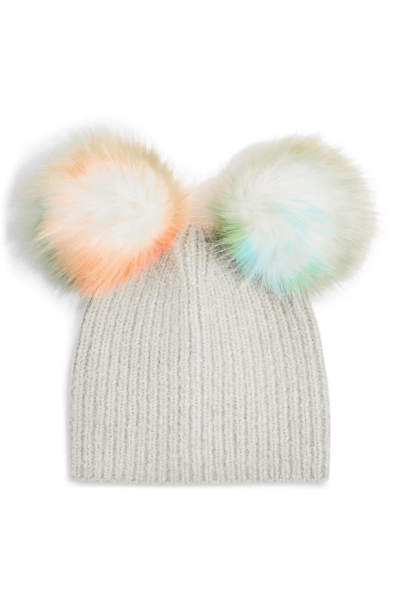 Topshop Faux Fur Double Pompom Beanie, Main, color, 
