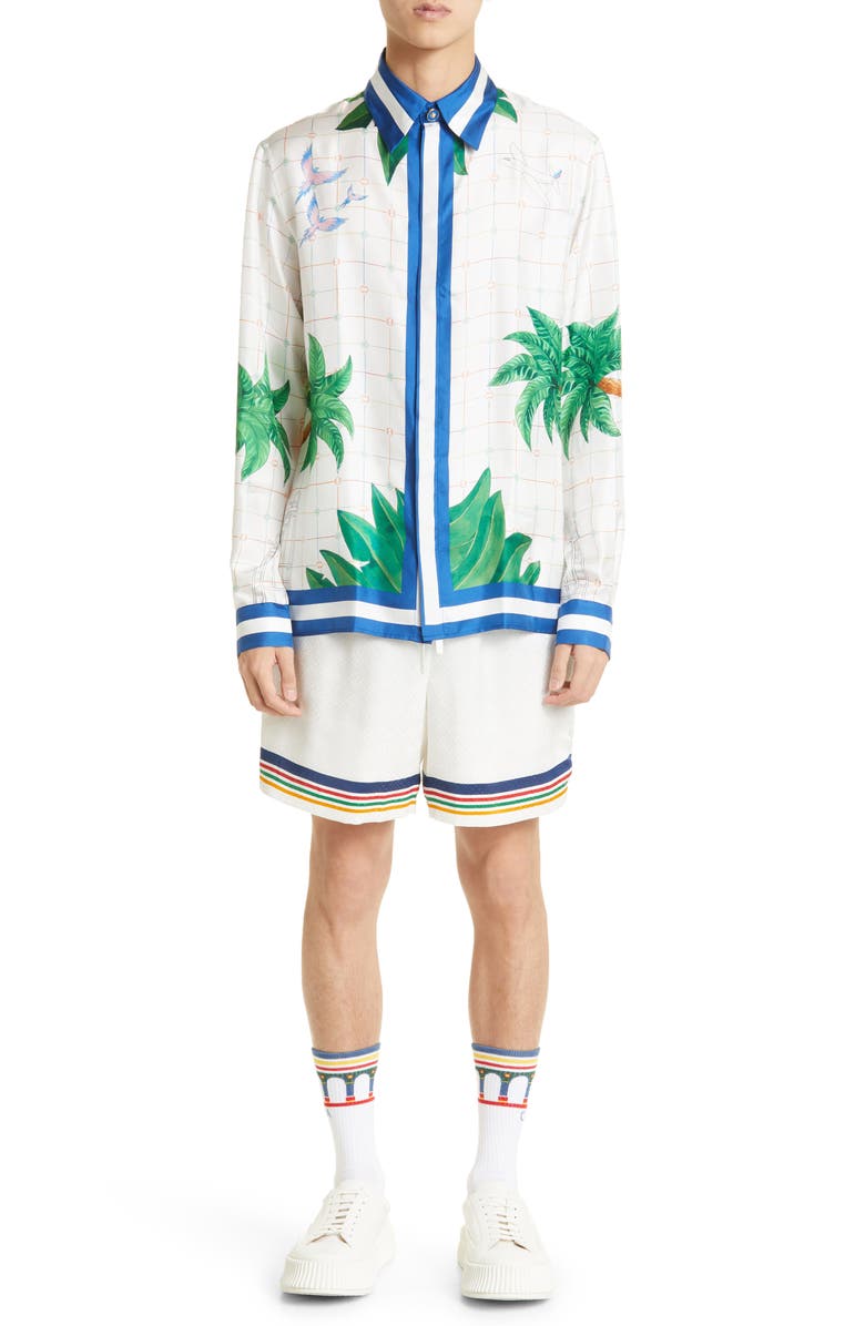 Casablanca Print Cuban Collar Silk Button-Up Shirt, Alternate, color, 