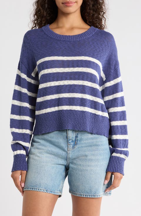 Sea Breeze Placed Stripe Cotton Crewneck Sweater