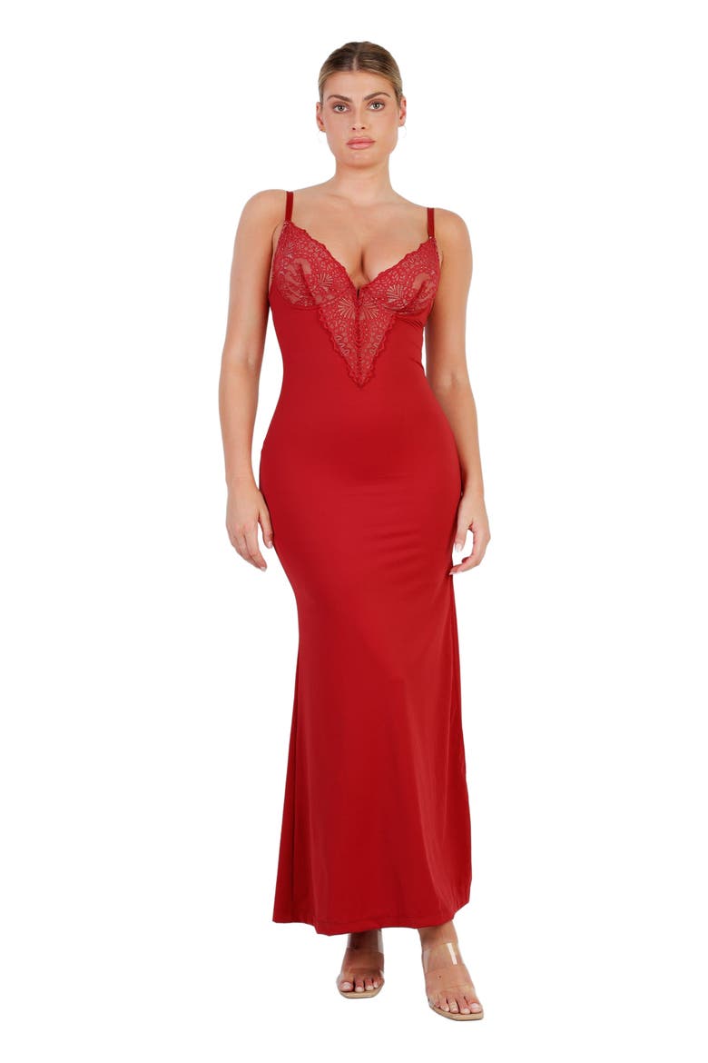 Shapewear Lace V Neck Side Slit Slimming Maxi Slip Dress, Alternate, color, Brick