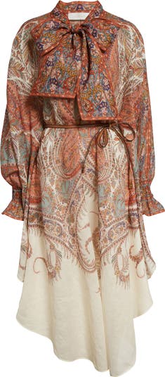 Zimmermann Rhiannon Paisley Tie Neck Long Sleeve Midi Dress