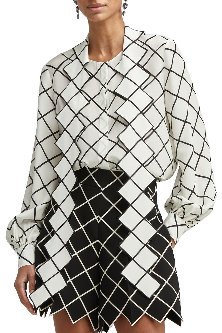 Windowpane Tie Neck Crepe Blouse, Main, color, IVORY/ BLACK