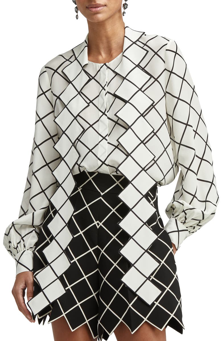 Oscar de la Renta Windowpane Tie Neck Crepe Blouse, Main, color, 