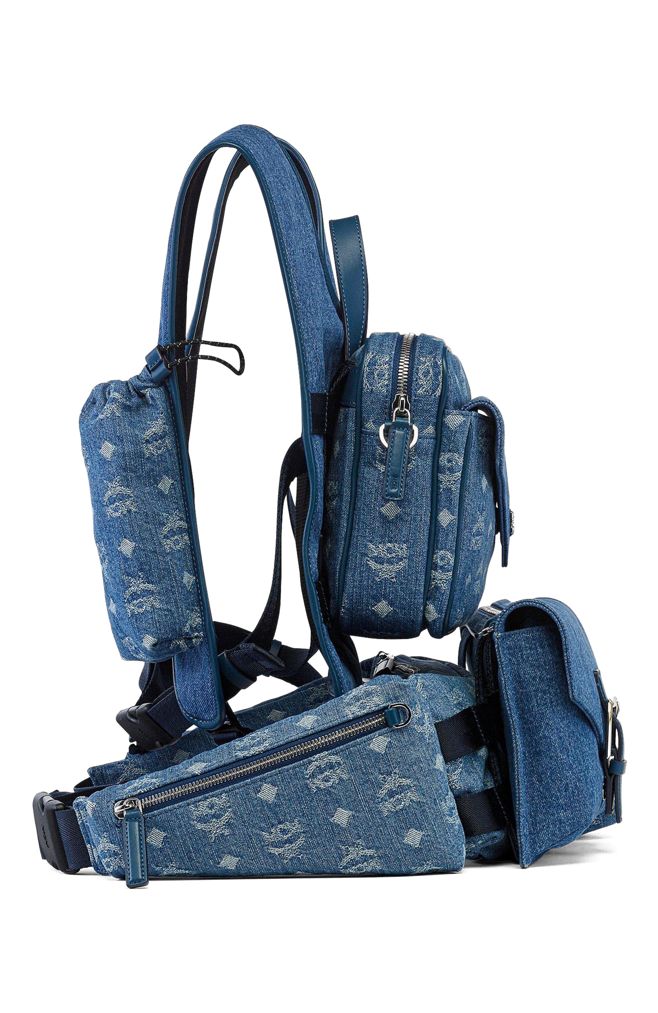 MCM Aren Multi-Backpack in Monogram Denim Jacquard, Alternate, color, Blue
