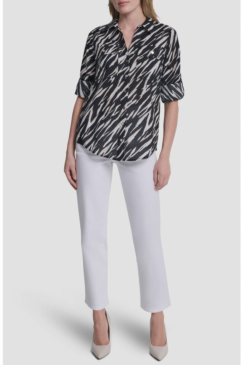 Printed Roll-Tab Cuff Cotton Button-Up Shirt, Alternate, color, CONCRETE ANIMAL