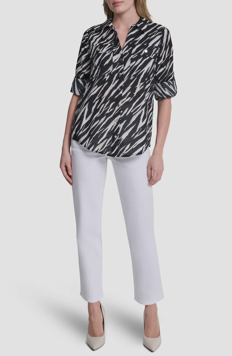 DKNY Printed Roll-Tab Cuff Cotton Button-Up Shirt, Alternate, color, Concrete Animal