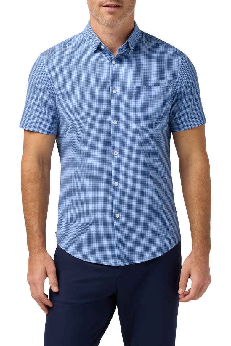Leeward Trim Fit Short Sleeve Performance Button-Up Shirt, Main, color, CLOUD BLUE TONAL CIRCLE PRINT