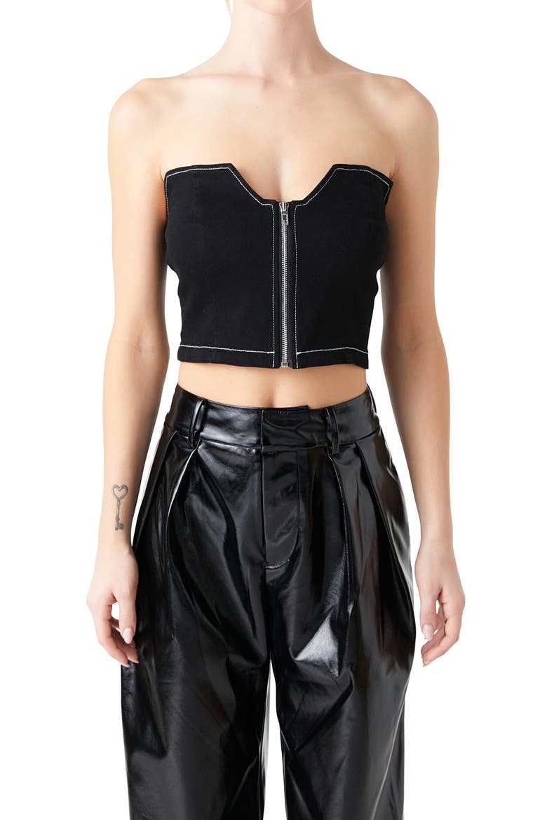 Zip Front Strapless Denim Top, Alternate, color, JET BLACK