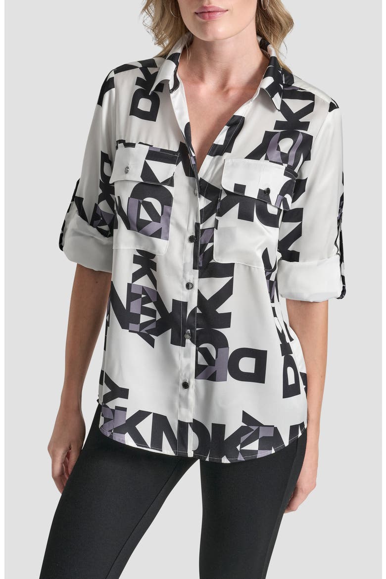 Roll-Tab Cuff Button-Up Shirt, Main, color, WHITE/ BLACK