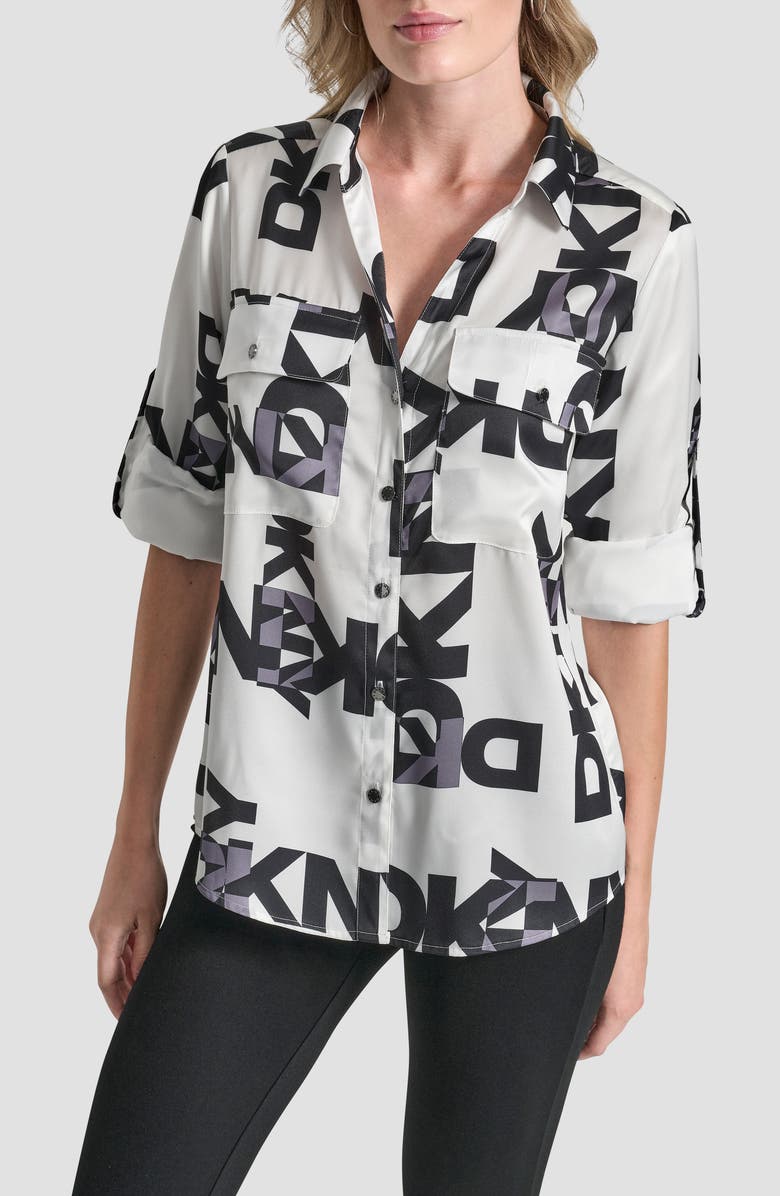 DKNY Roll-Tab Cuff Button-Up Shirt, Main, color, White/ Black