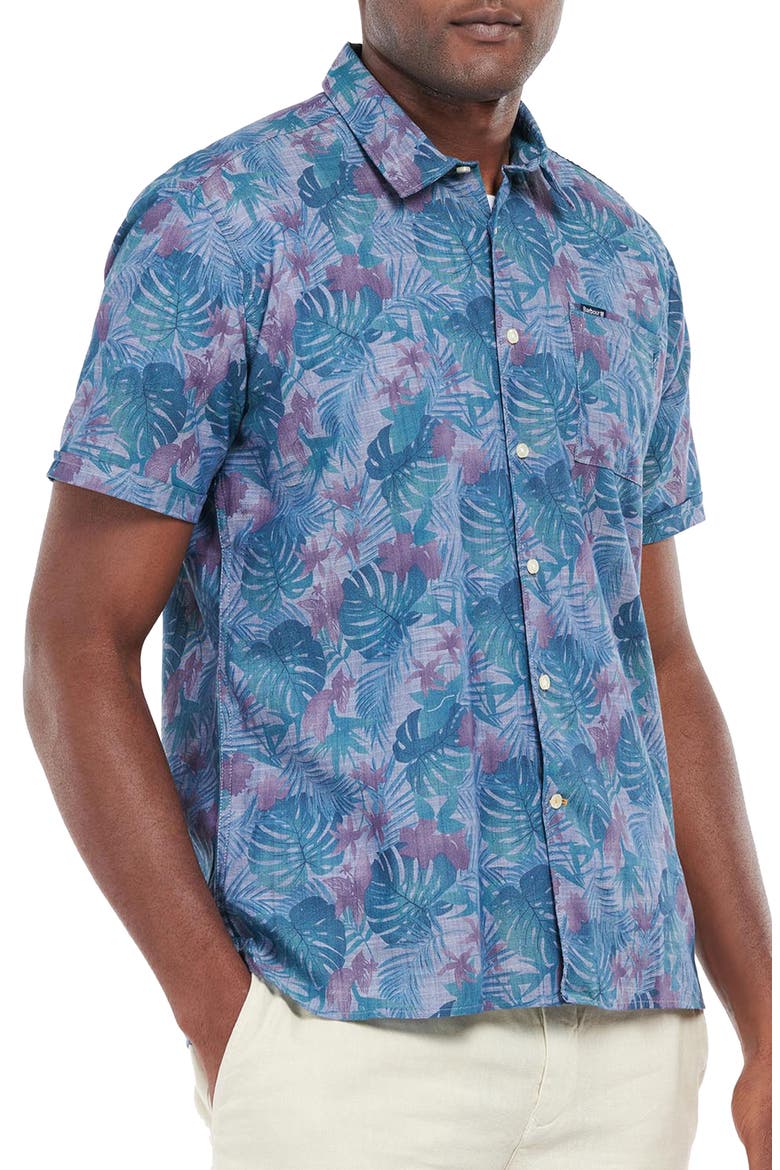 Men's Dunford Leaf Print Short Sleeve Chambray Button-Up Shirt, Main, color, BLUE