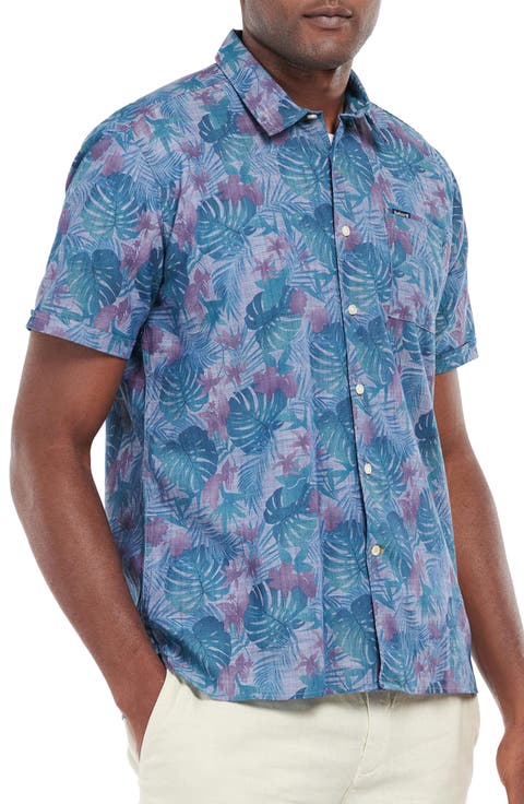 Men's Dunford Leaf Print Short Sleeve Chambray Button-Up Shirt