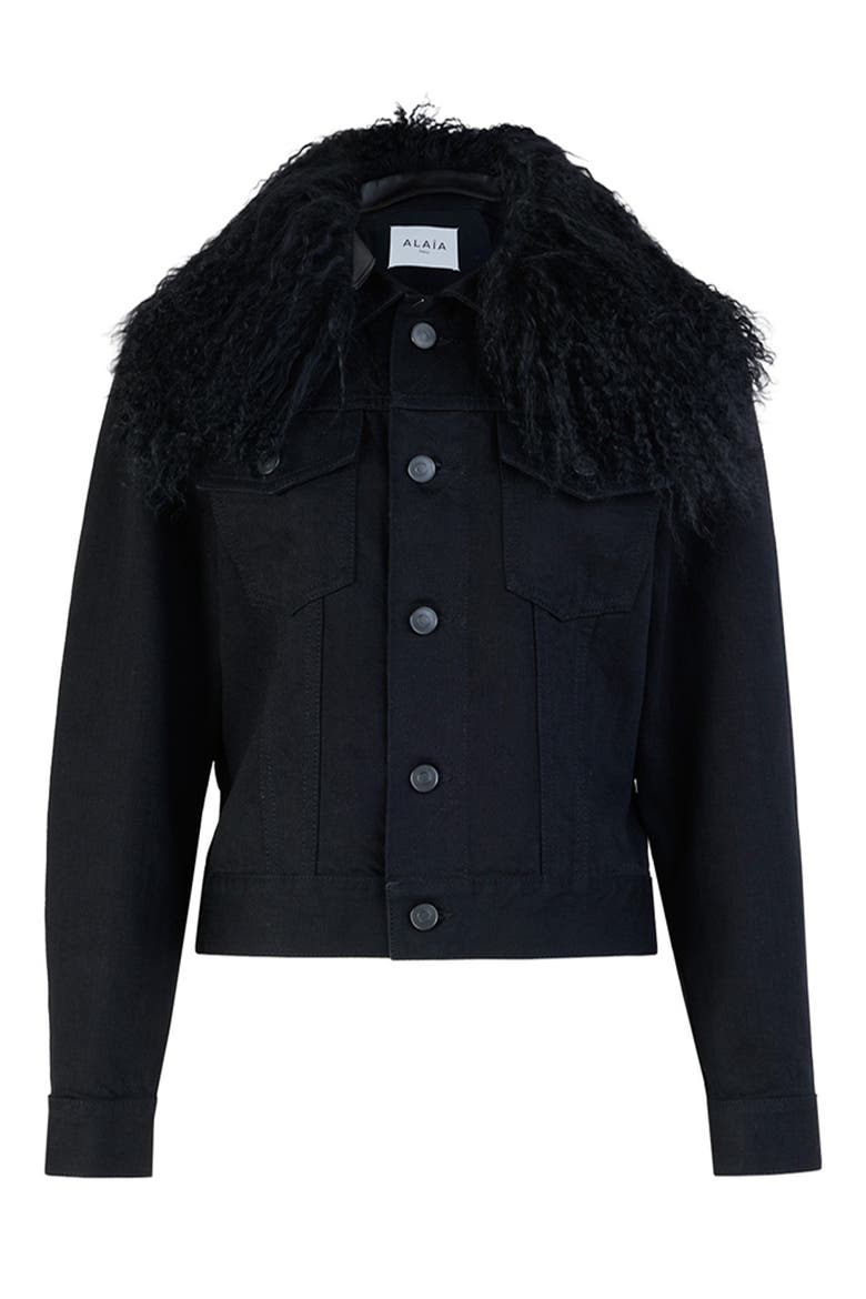 Trucker Jacket with Genuine Shearling Collar, Main, color, NOIR ALAIA