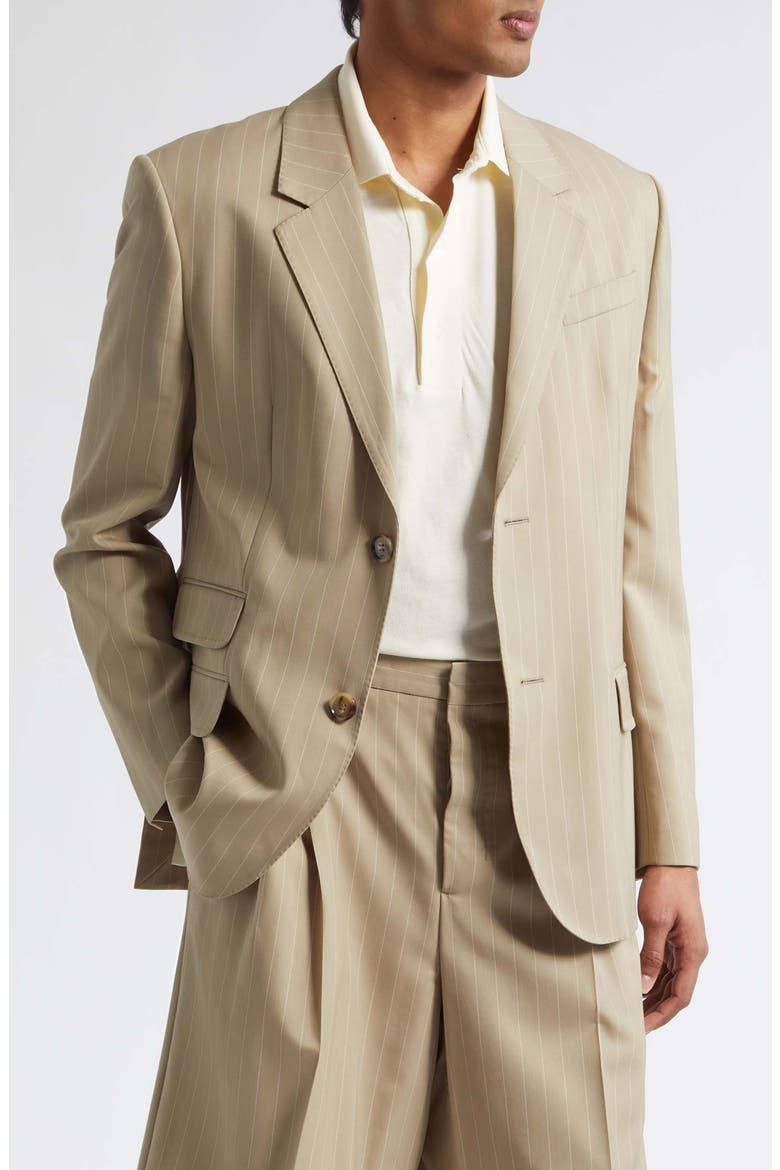 Straight Fit Pinstripe Virgin Wool Gabardine Blazer, Main, color, BEIGE TAUPE/ BLANC CREME