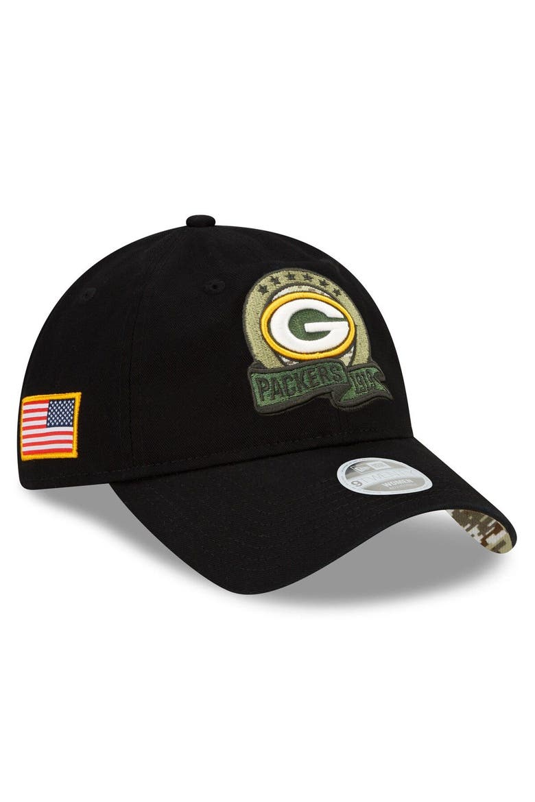 Women's New Era Black Green Bay Packers 2022 Salute To Service 9TWENTY Adjustable Hat, Main, color, Black