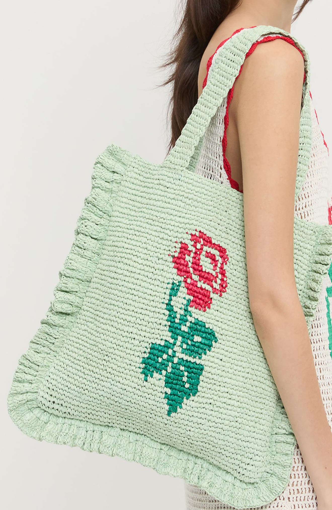 Loeffler Randall Justine Raffia Ruffle Tote Bag, Alternate, color, Mint/ Red/ Green