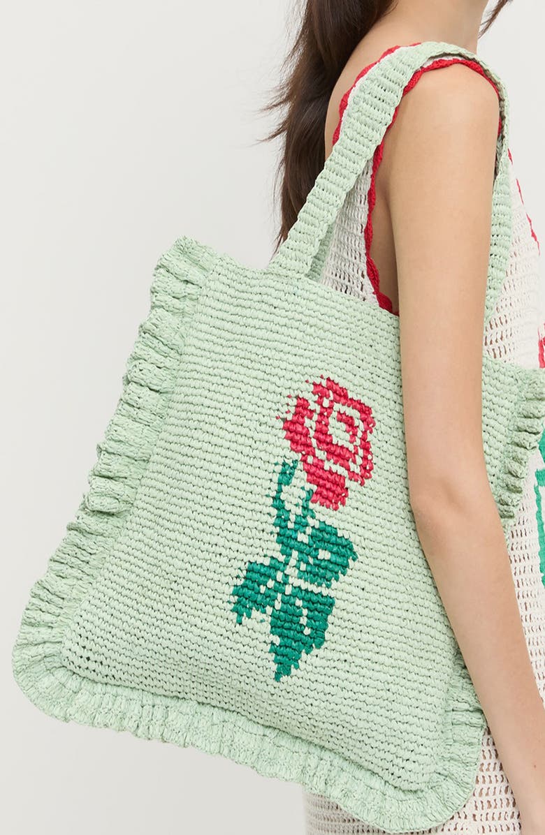 Loeffler Randall Justine Raffia Ruffle Tote Bag, Alternate, color, Mint/ Red/ Green