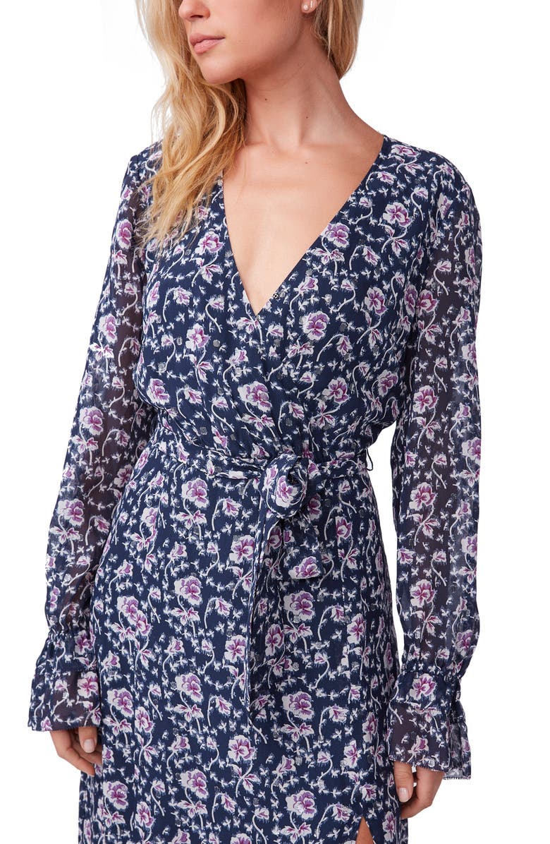 PAIGE Chamomile Long Sleeve Metallic Silk Georgette Midi Wrap Dress, Alternate, color, 