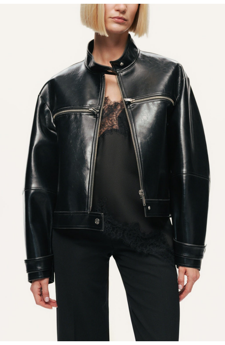 Nocturne Cropped Faux Leather Biker Jacket, Main, color, Black