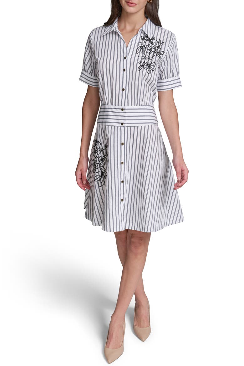 Floral Embroidery Detail Stripe Cotton Shirtdress, Main, color, SOFT WHITE/ MIDNIGHT NAVY