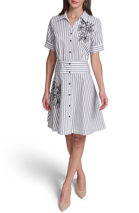 Floral Embroidery Detail Stripe Cotton Shirtdress