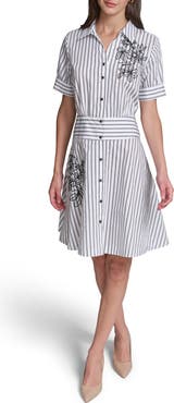 KARL LAGERFELD PARIS Floral Embroidery Detail Stripe Cotton Shirtdress