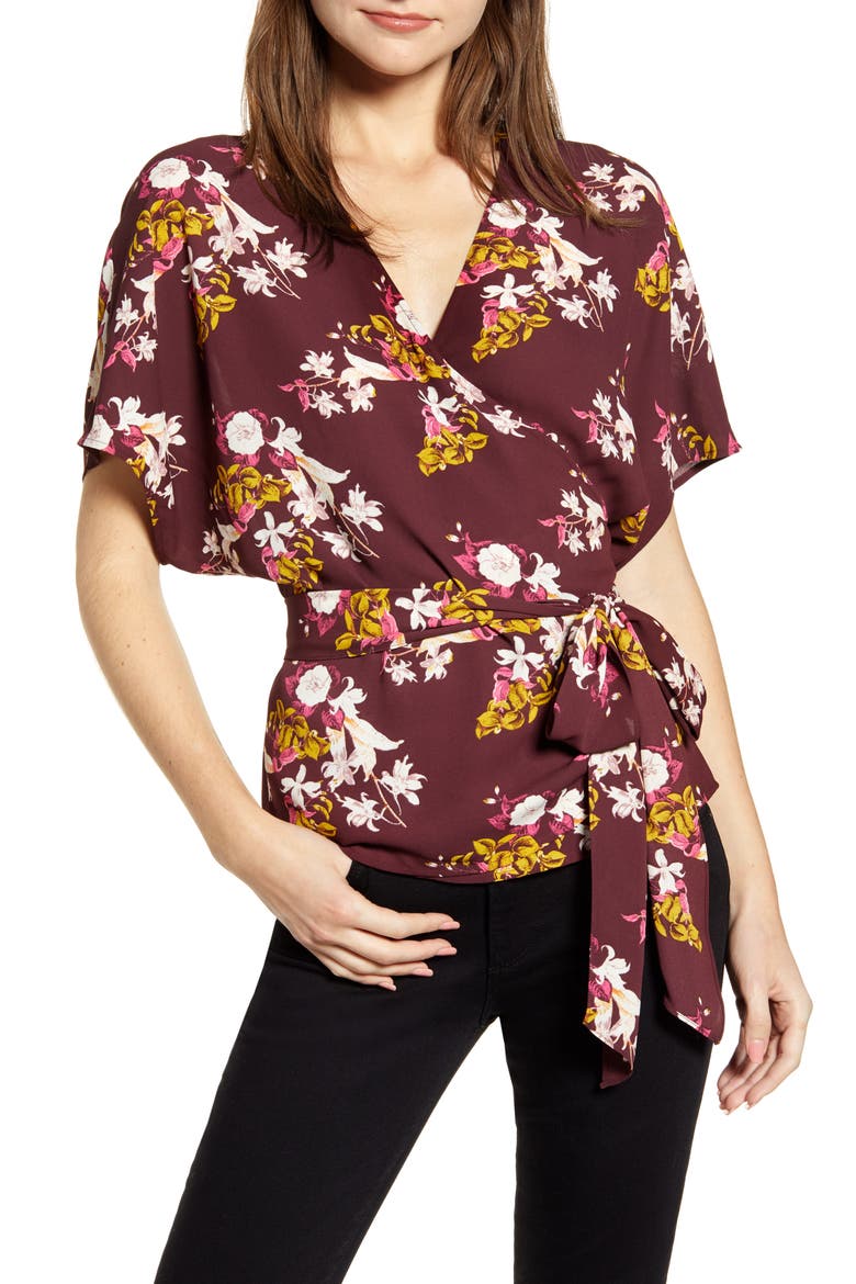 Wrap Style Top, Main, color, BURGUNDY STEM JESSICA FLORAL