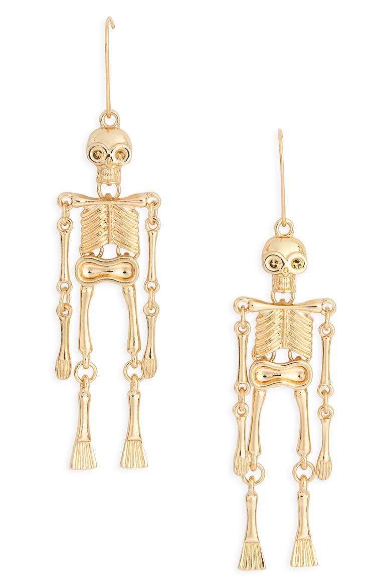 Halloween Skeleton Drop Earrings, Main, color, GOLD