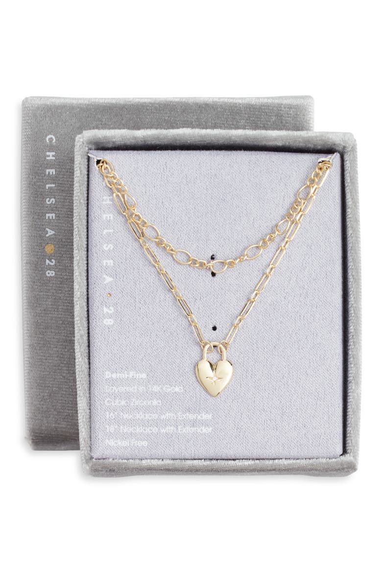 Gift Boxed Pavé Cubic Zirconia Heart Pendant Demi Fine Two-Row Necklace, Main, color, GOLD