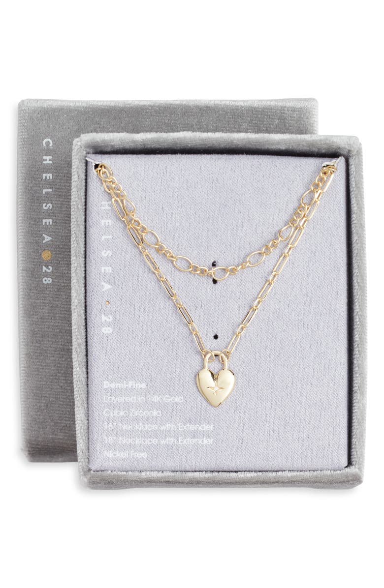 Chelsea28 Pavé Cubic Zirconia Heart Pendant Demi Fine Two-Row Necklace, Main, color, Gold