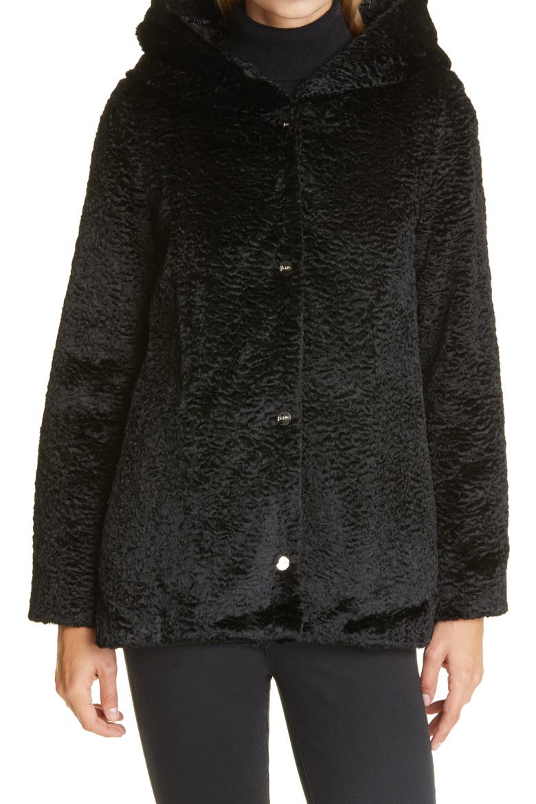 Hannover Hooded Faux Persian Lamb Fur Coat with Removable Down Bib, Alternate, color, BLACK