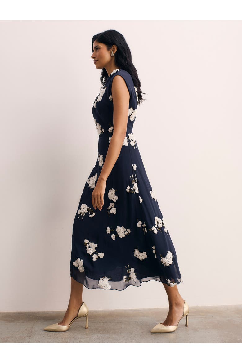 Embroidered Floral Midi Dress Cap Sleeve, Alternate, color, Navy