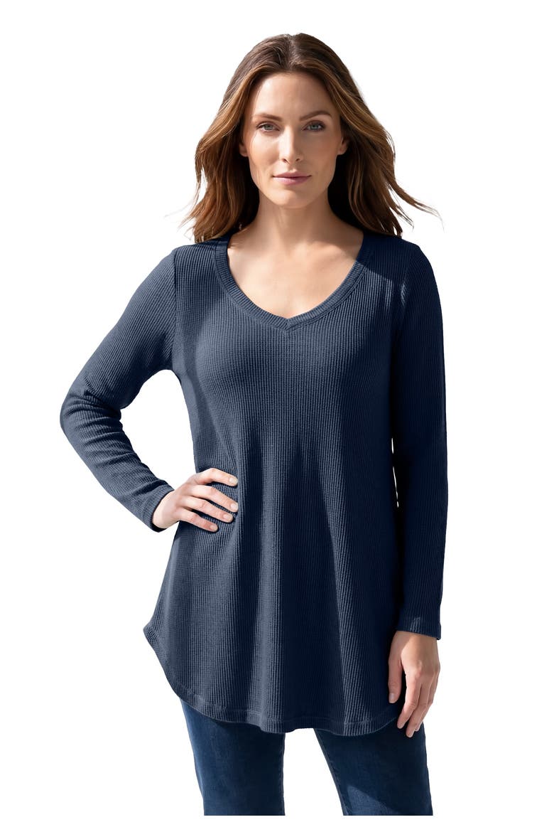 Plus Size Knit Thermal V Neck Swing Tunic Long Sleeve, Main, color, NAVY