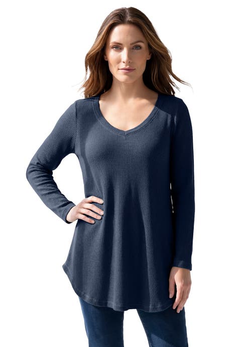 Plus Size Knit Thermal V Neck Swing Tunic Long Sleeve