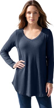 Roaman's Plus Size Knit Thermal V Neck Swing Tunic Long Sleeve