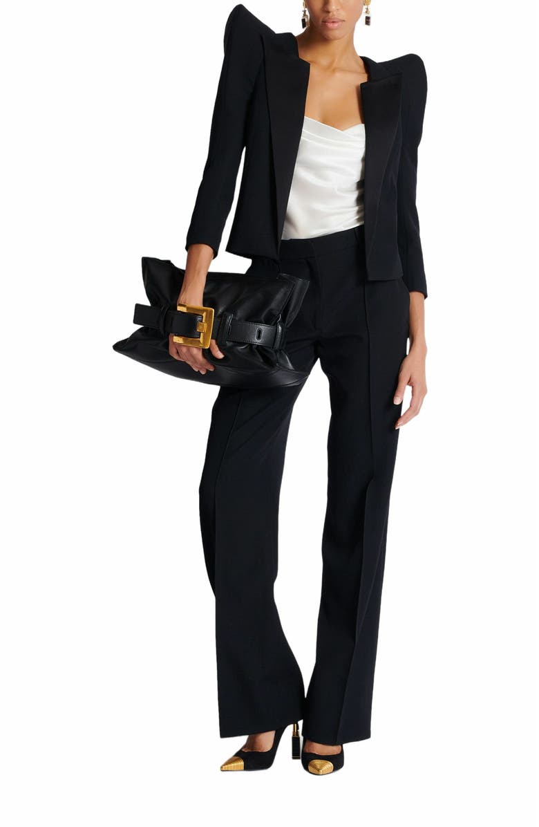 Balmain Cropped Grain De Poudre Jacket With Structured Shoulders, Alternate, color, Black