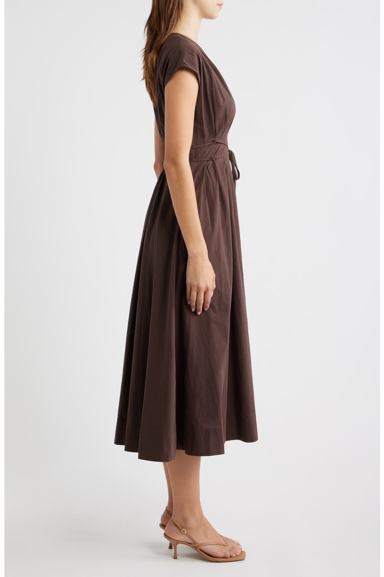 Pleated V-Neck Midi Dress, Alternate, color, DARK BROWN