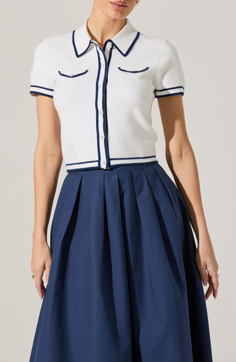 ASTR the Label Contrast Detail Short Sleeve Cardigan, Main, color, Off White Navy