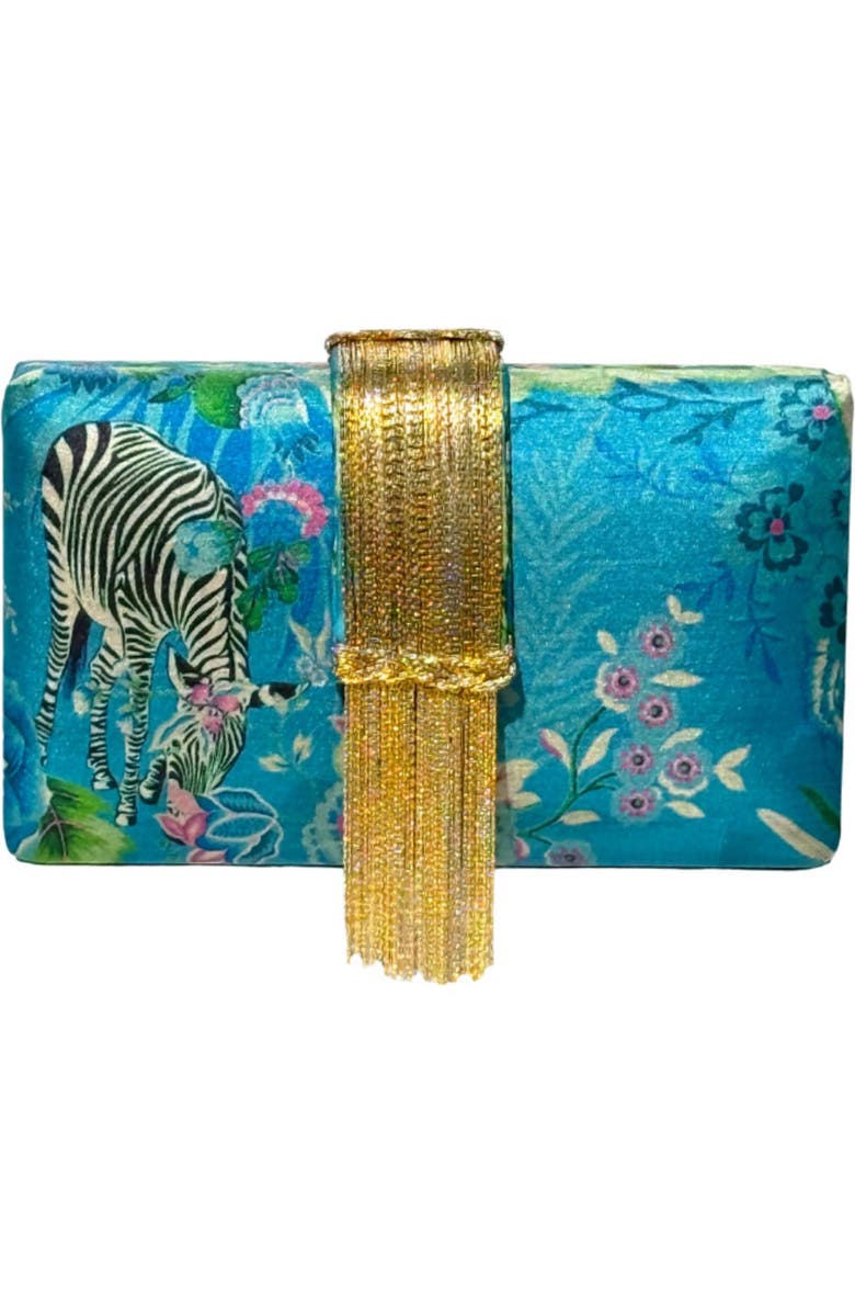 Simitri Printed Fringe Clutch, Main, color, Safari Blue