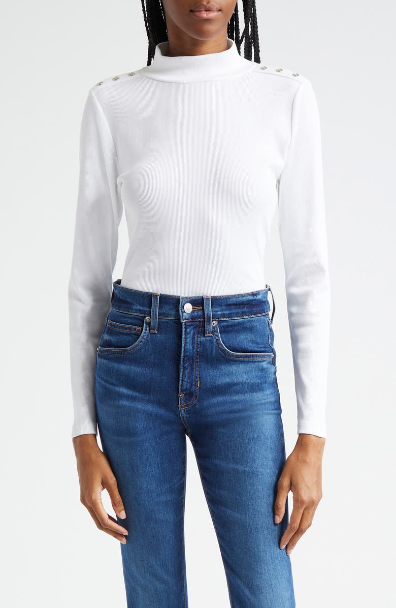 Veronica Beard Nate Shoulder Button Mock Neck Rib Top, Main, color,