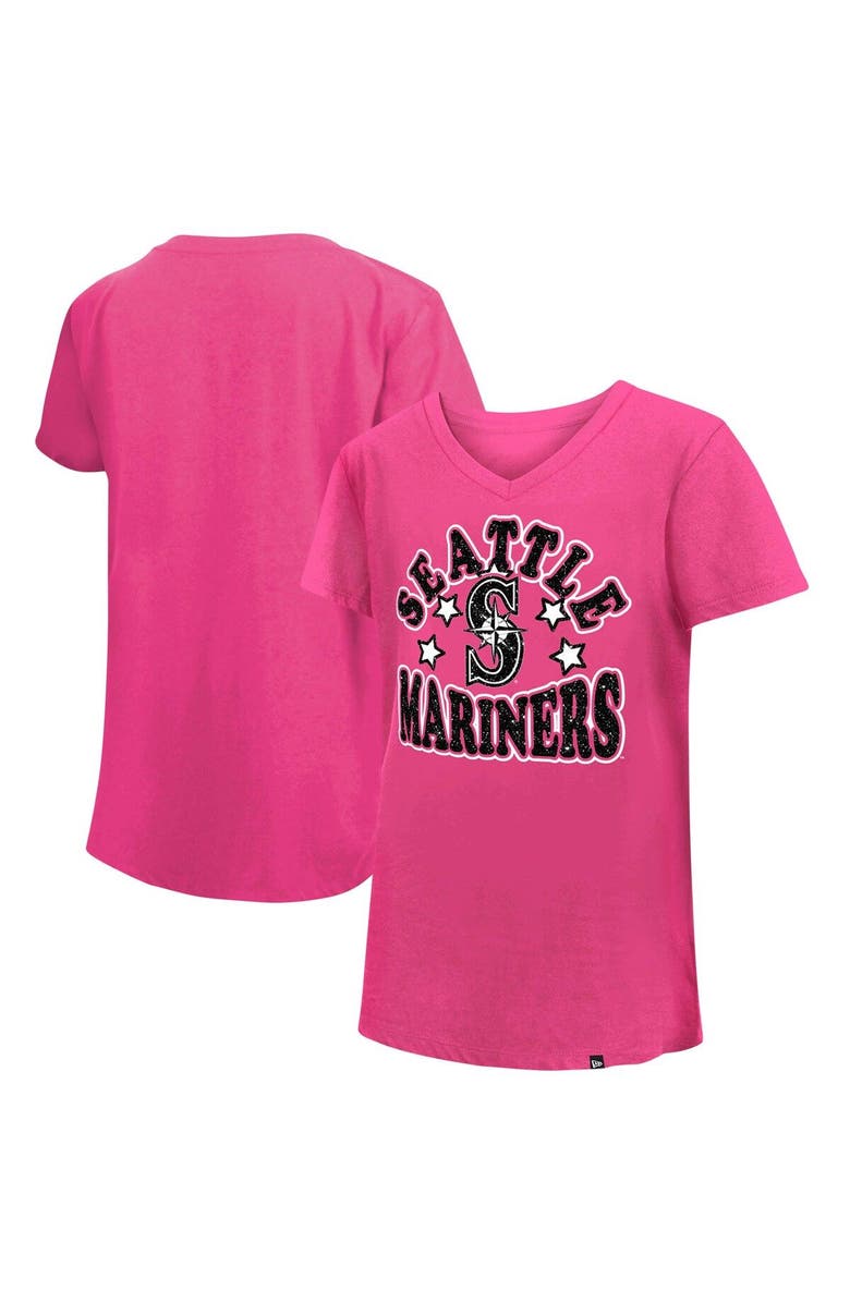 New Era Girls Youth New Era Pink Seattle Mariners Jersey Stars V-Neck T-Shirt, Main, color, 