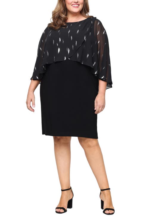 Foil Print Chiffon Capelet Cocktail Dress (Plus)