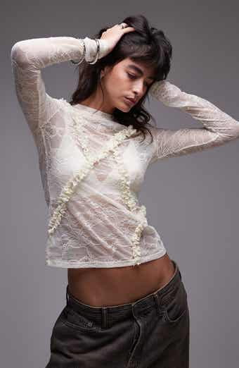 Topshop Lace Ruffle Trim Long Sleeve Semisheer Top