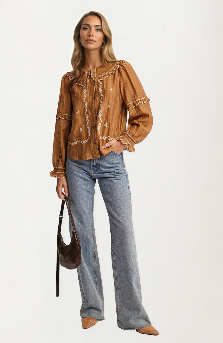 Knit and Lounge Ruffled Collar Embroidered Long Sleeve Blouse, Alternate, color, 