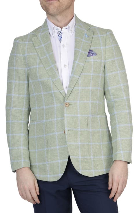 Pale Olive Green Windowpane Texture Yarn Dyed Linen Blend Sport Coat (Short, Regular & Long)