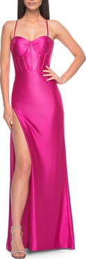 La Femme Neon Stretch Satin Gown with Bustier Top and Lace Up Back
