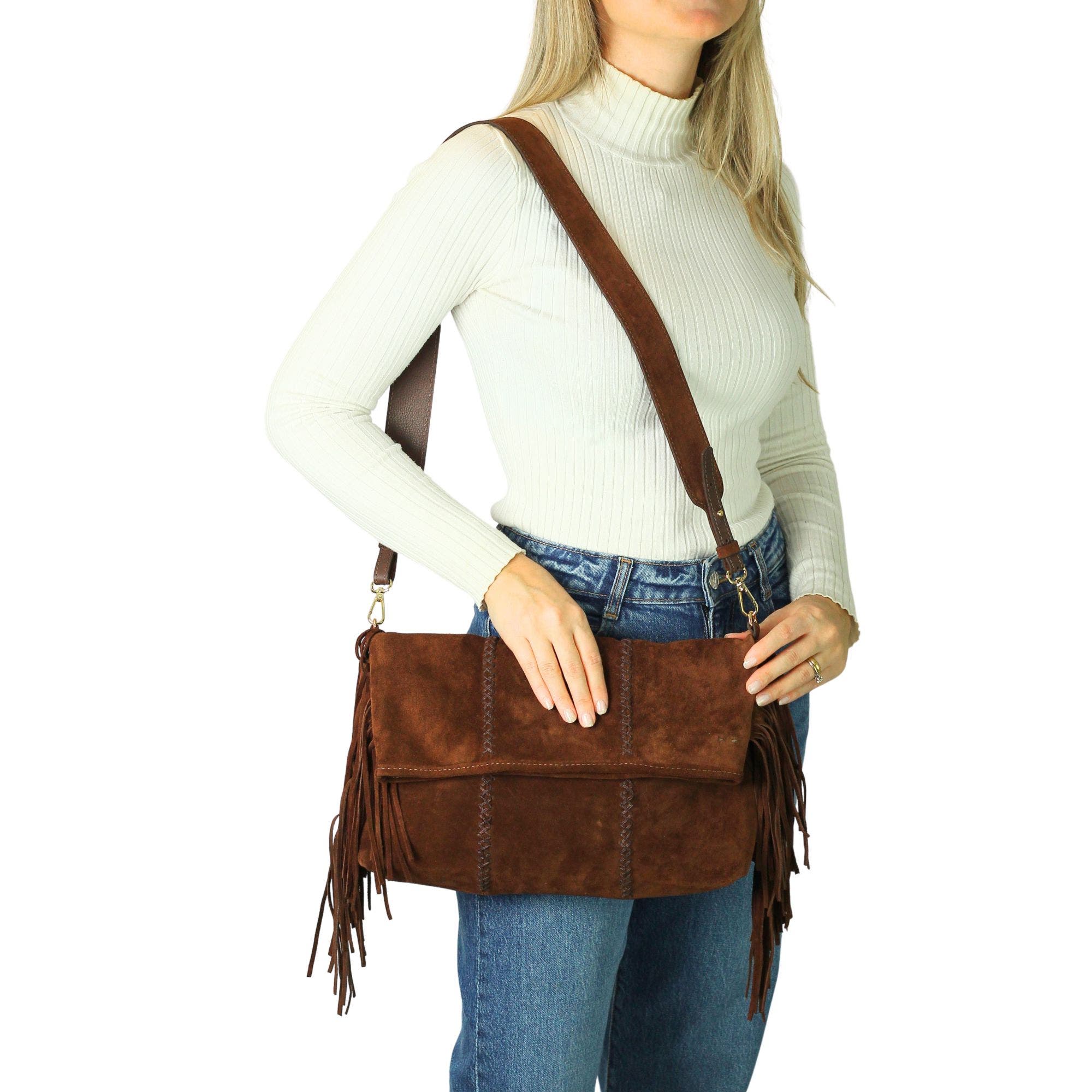 Fringe Suede Crossbody Messenger Bag, Alternate, color, Coffee Brown